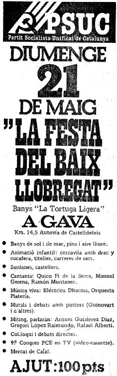 Anunci publicat al diari LA VANGUARDIA sobre la 'Festa del Baix Llobregat' organitzada pel PSUC als banys 'La Tortuga Ligera' de Gav Mar (18 de Maig de 1978)